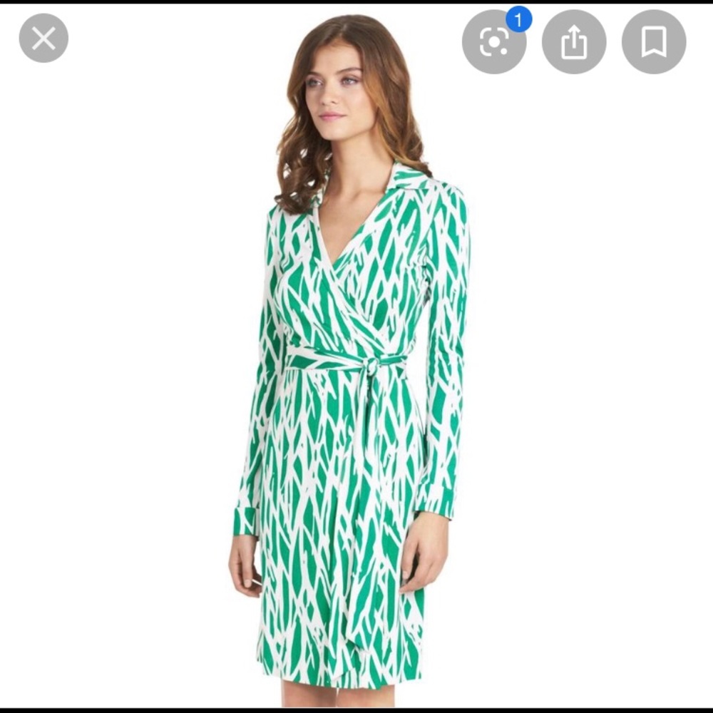 Green and white DVF wrap dress